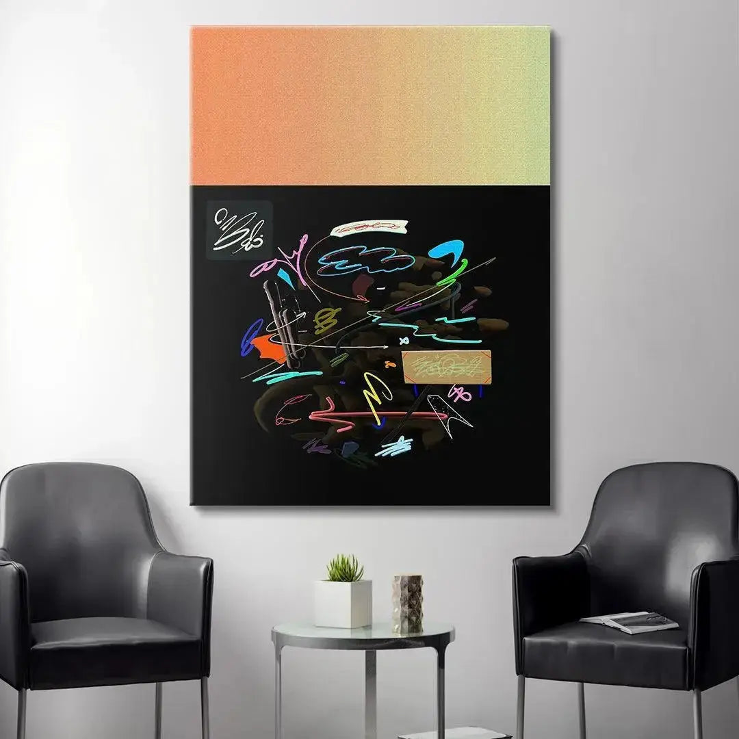 Lifestyle shot of the 'Brains Nest' print hanging above a minimalist office desk.