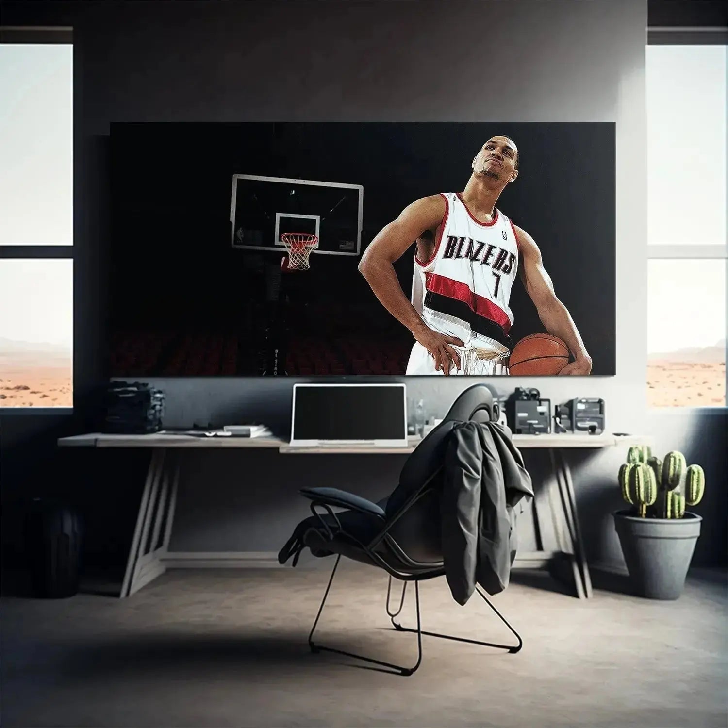 Dramatic low-angle perspective of Brandon Roy - Look Up emphasizing his height against the empty stadium seating rows.
