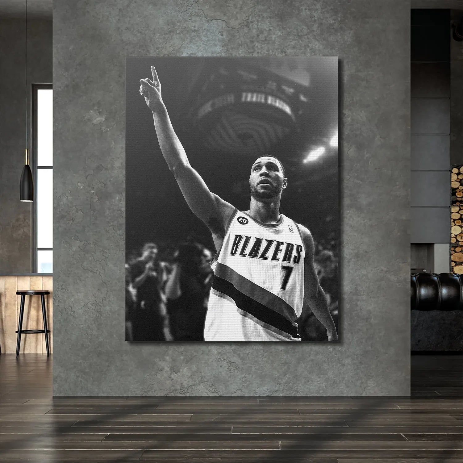Atmospheric arena lighting captured in the dramatic black and white Brandon Roy - Point photograph.