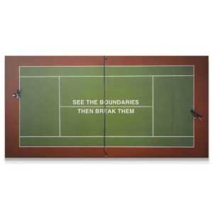 Overhead view of a green tennis court artwork emphasizing the motivational text 'Break Boundaries'.