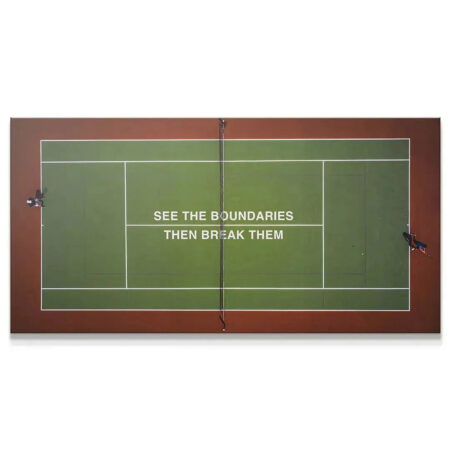 Overhead view of a green tennis court artwork emphasizing the motivational text 'Break Boundaries'.