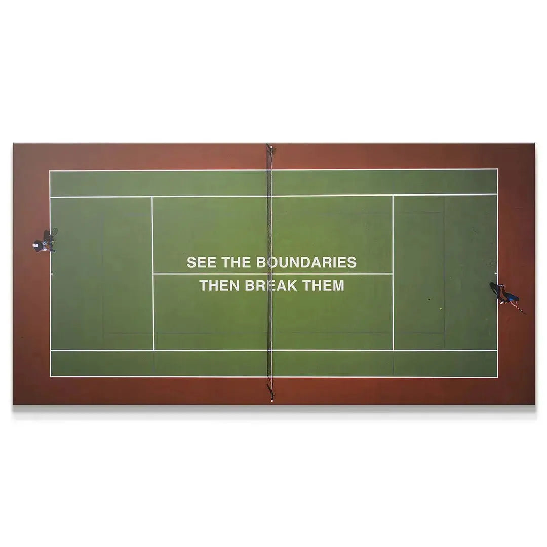 Overhead view of a green tennis court artwork emphasizing the motivational text 'Break Boundaries'.