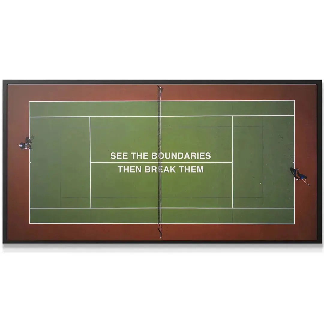 Close-up texture shot of the painted lines and text on the 'Break Boundaries' canvas print.