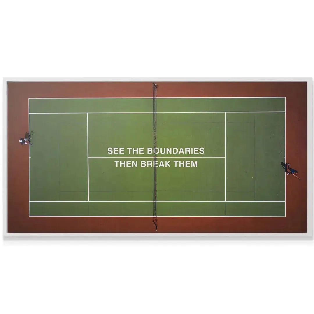Wide panoramic lifestyle image of the 'Break Boundaries' motivational sports art hung in a modern office setting.
