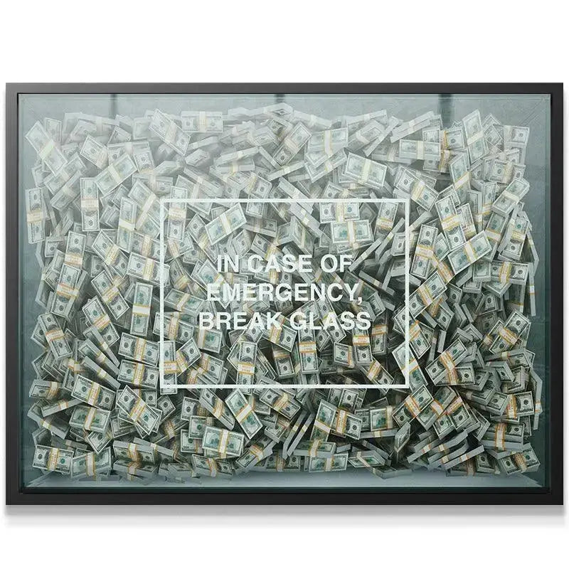 Full frontal view of the shadow box art installation featuring the emergency 'Break Glass' theme