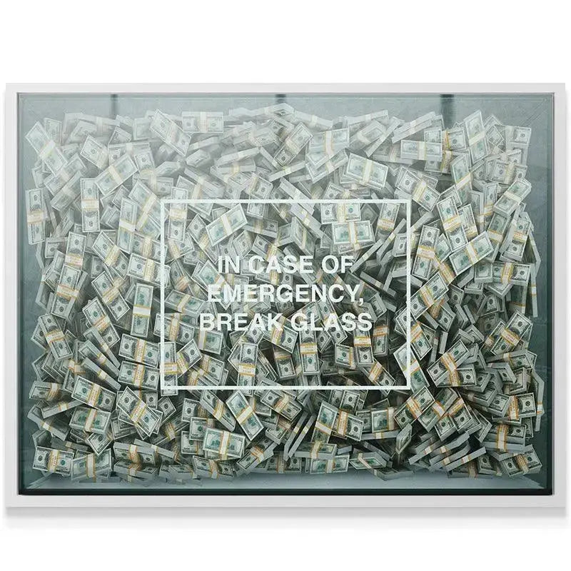 Angled shot showing the depth and dimensional layering of the cash stacks inside the 'Break Glass' frame