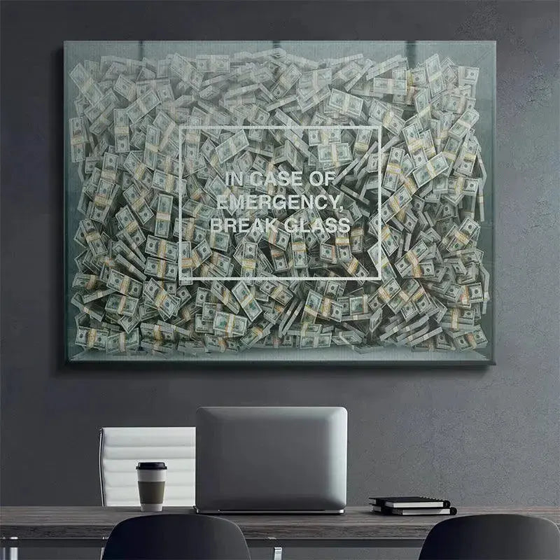 Detail of the hundreds of stacked $100 bills used in the satirical 'Break Glass' artwork