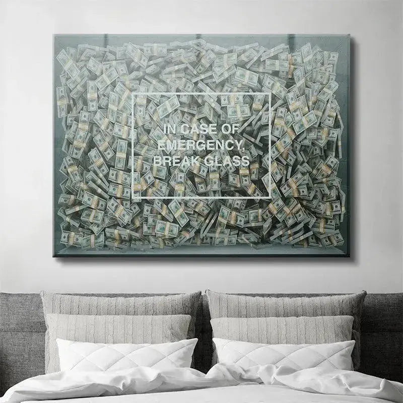 Lifestyle view of the 'Break Glass' framed print hanging in a modern, minimalist office setting