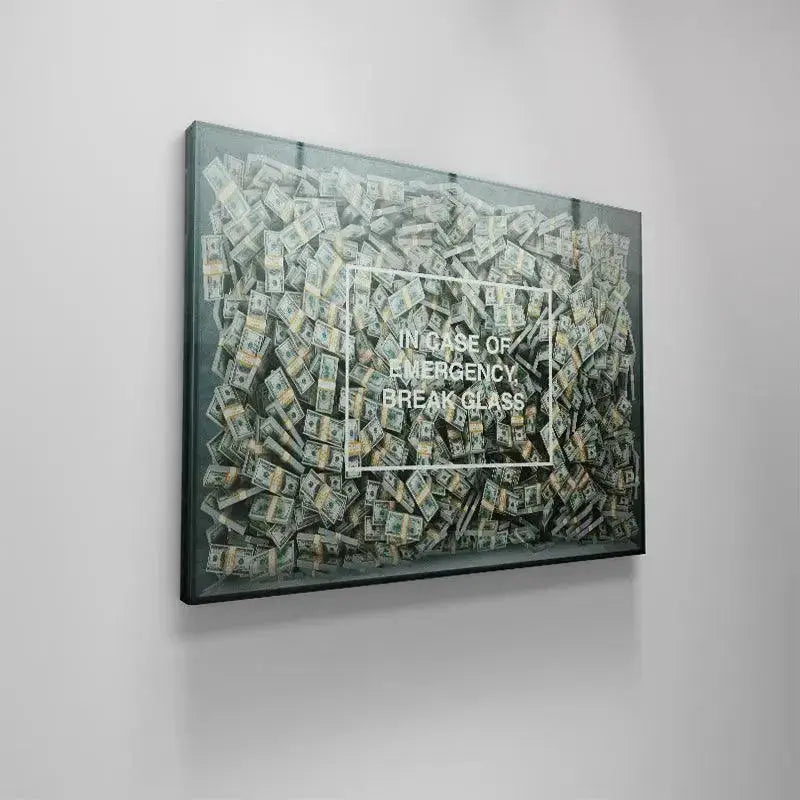 Texture detail highlighting the protective glass surface over the 'Break Glass' sign and cash