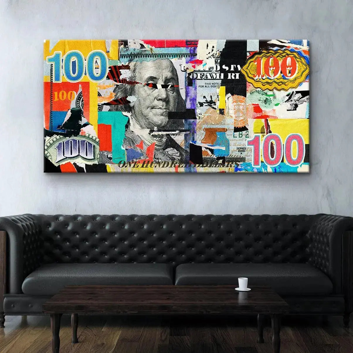 The vibrant yellow and magenta color blocks contrasting the grayscale portrait in Break The Bank.