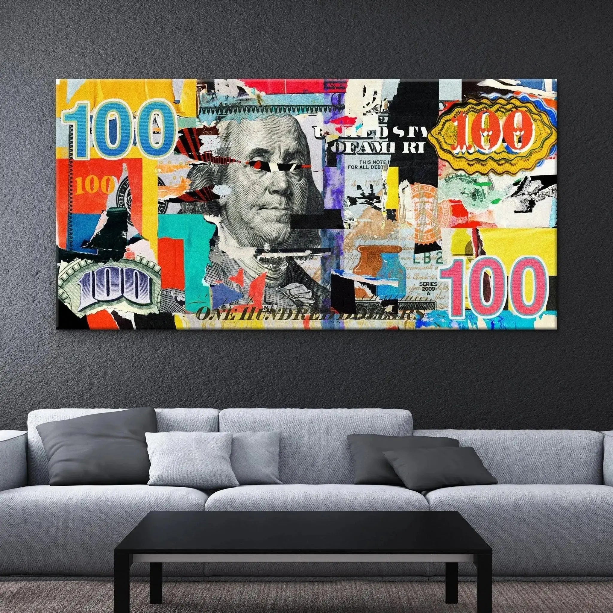 Detail of the oversized number '100' graphic overlay on the left side of the Break The Bank print.
