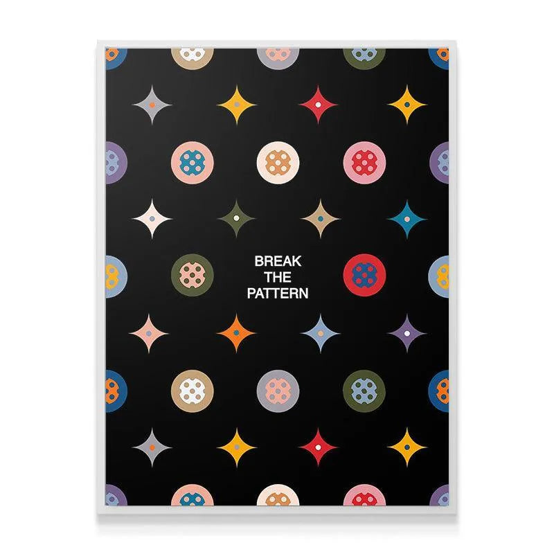 A corner angle highlighting the contrasting yellow star motif against the deep black of the Break the Pattern Black Edition print.