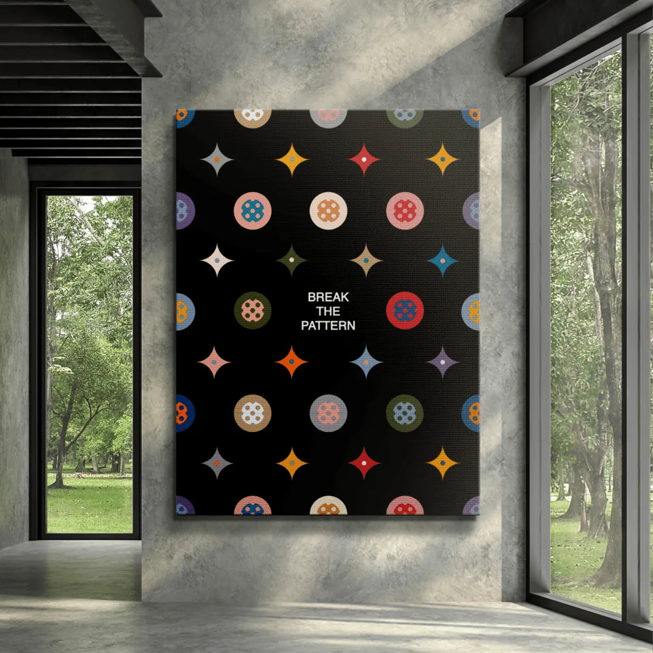 Lifestyle view: the Break the Pattern Black Edition framed above a sleek minimalist office desk setup.