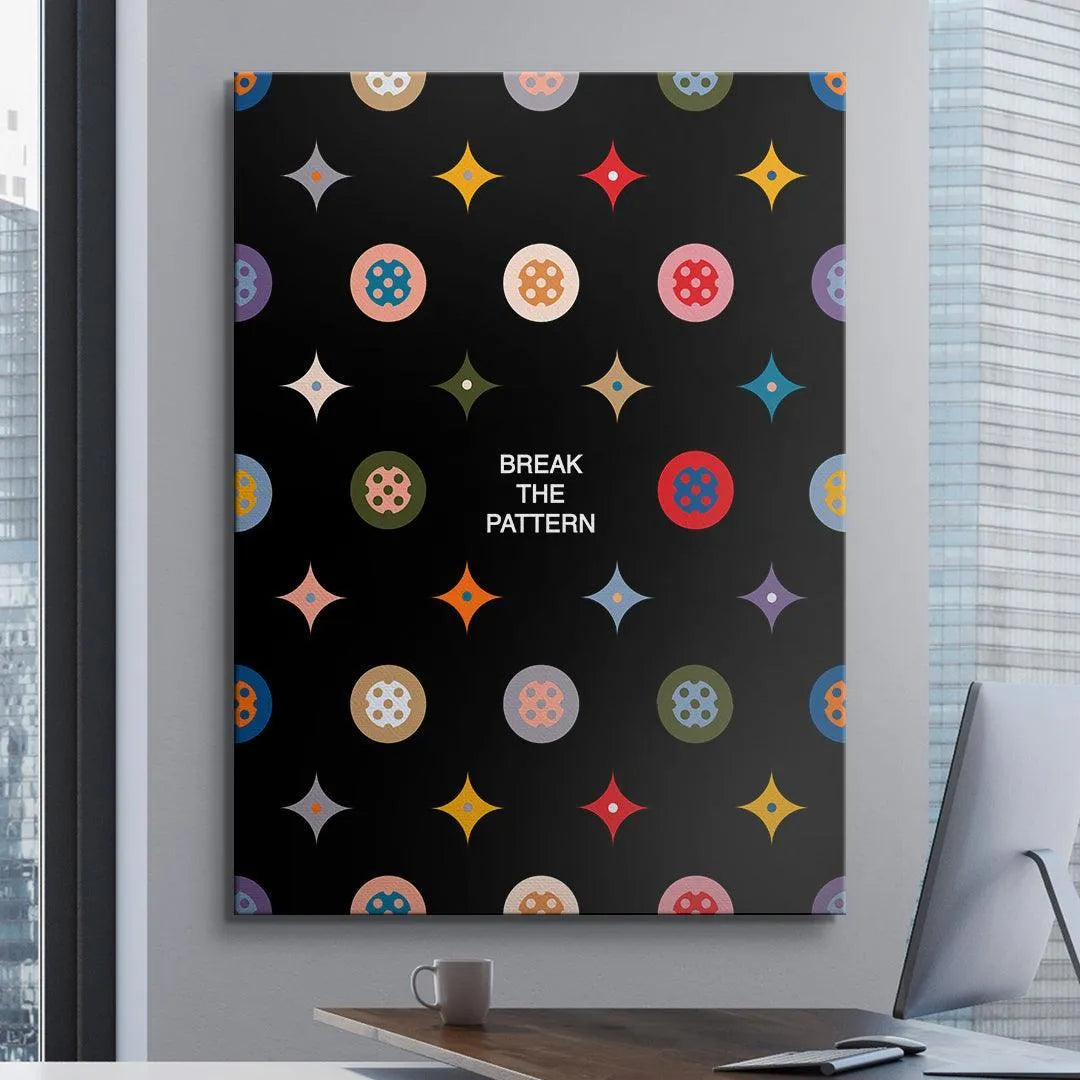 Detail of the central 'Break the Pattern' text overlaid on the colorful symbols of the Break the Pattern Black Edition artwork.