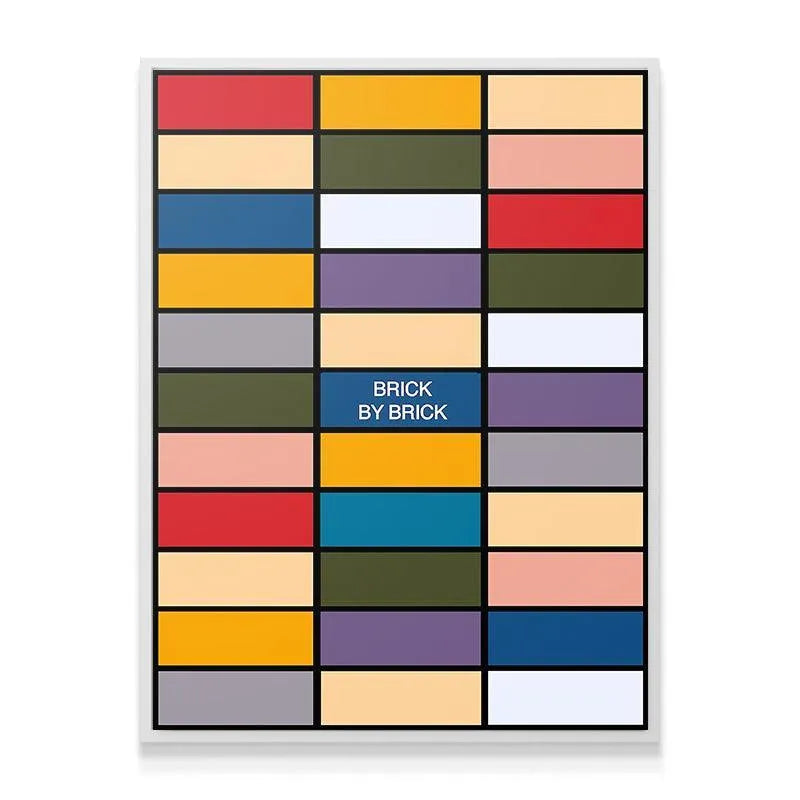 Detail of the top row of the 'Brick by Brick' print, highlighting the yellow, red, and beige color swatches.
