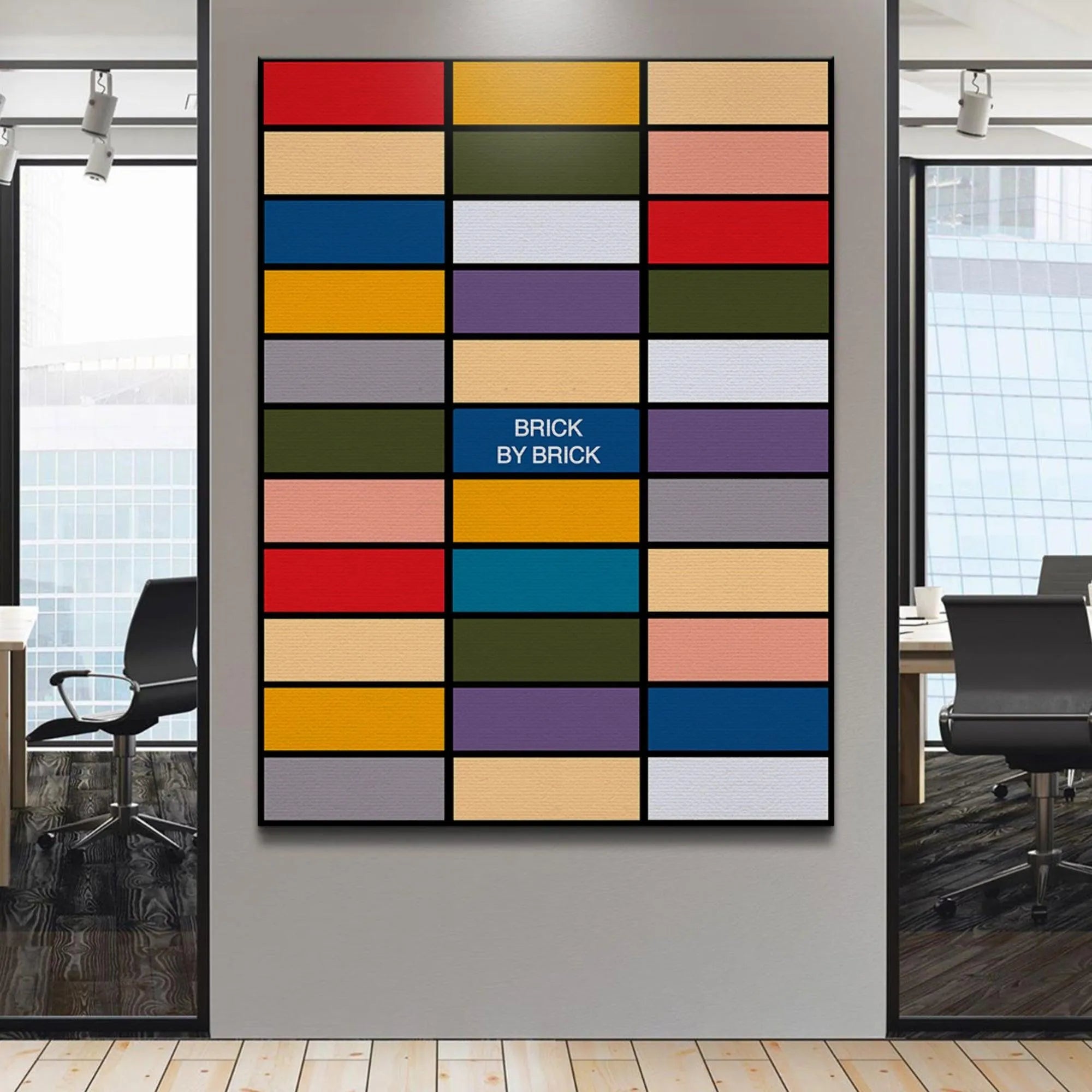 Texture shot showing the smooth, matte finish of the colorful blocks in the 'Brick by Brick' print.