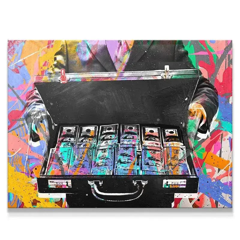 Close-up view of the multi-colored stacks of Briefcase Money artwork, highlighting the stylized dollar bills.