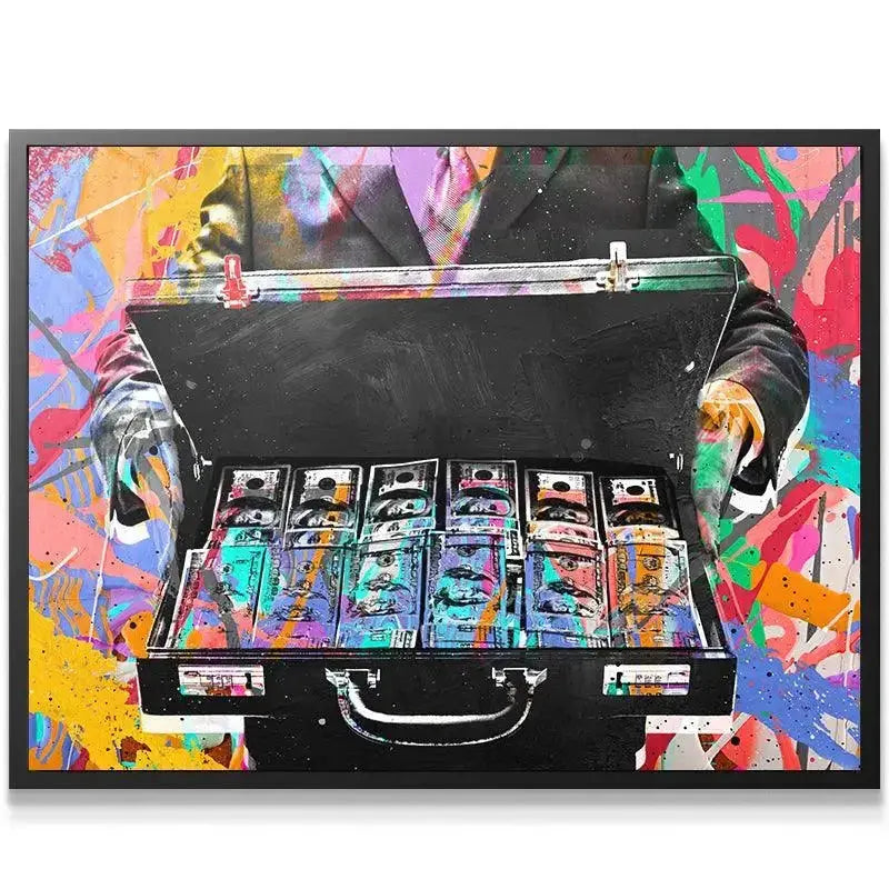Full frontal angle of the businessman holding the open case of Briefcase Money against a vibrant graffiti background.