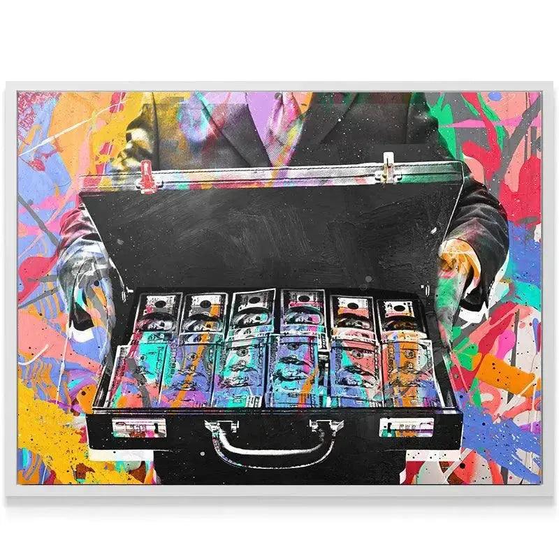 Textured detail of the canvas print showcasing the paint splatter effect surrounding the Briefcase Money.