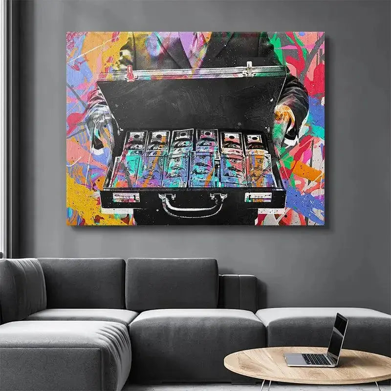 Lifestyle context shot of the large format Briefcase Money art mounted above a modern office desk.