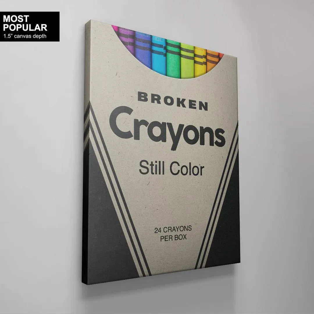 Studio shot of the 24-count box of Broken Crayons emphasizing the contrasting rainbow colors against the neutral packaging.
