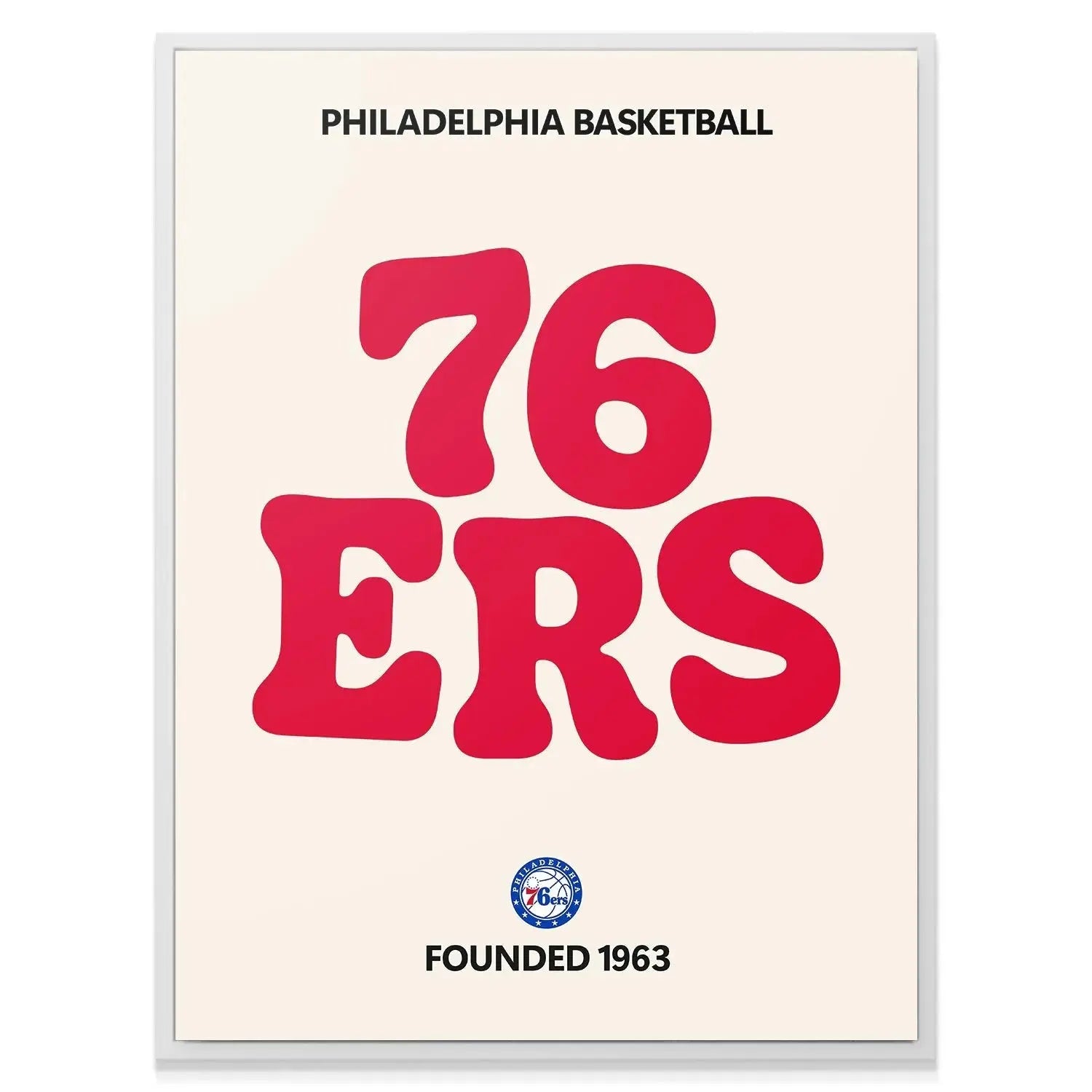 Angled shot showing the glossy finish of the archival paper used for the 'Broken Text - 76ers' print hanging on a wall.