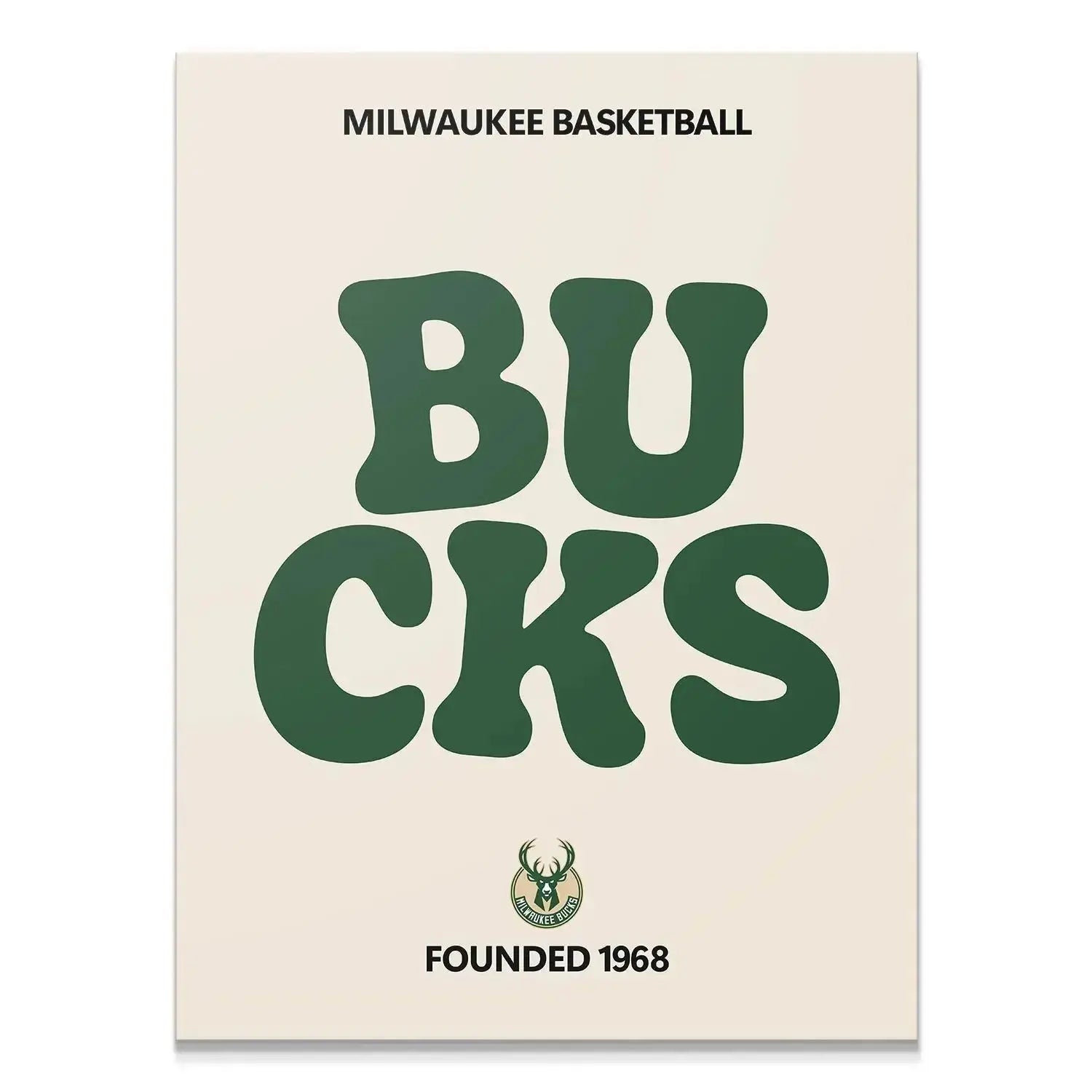 Minimalist poster featuring large green 'BUCKS' text; classic 'Broken Text - Bucks' style perfect for modern sports decor.