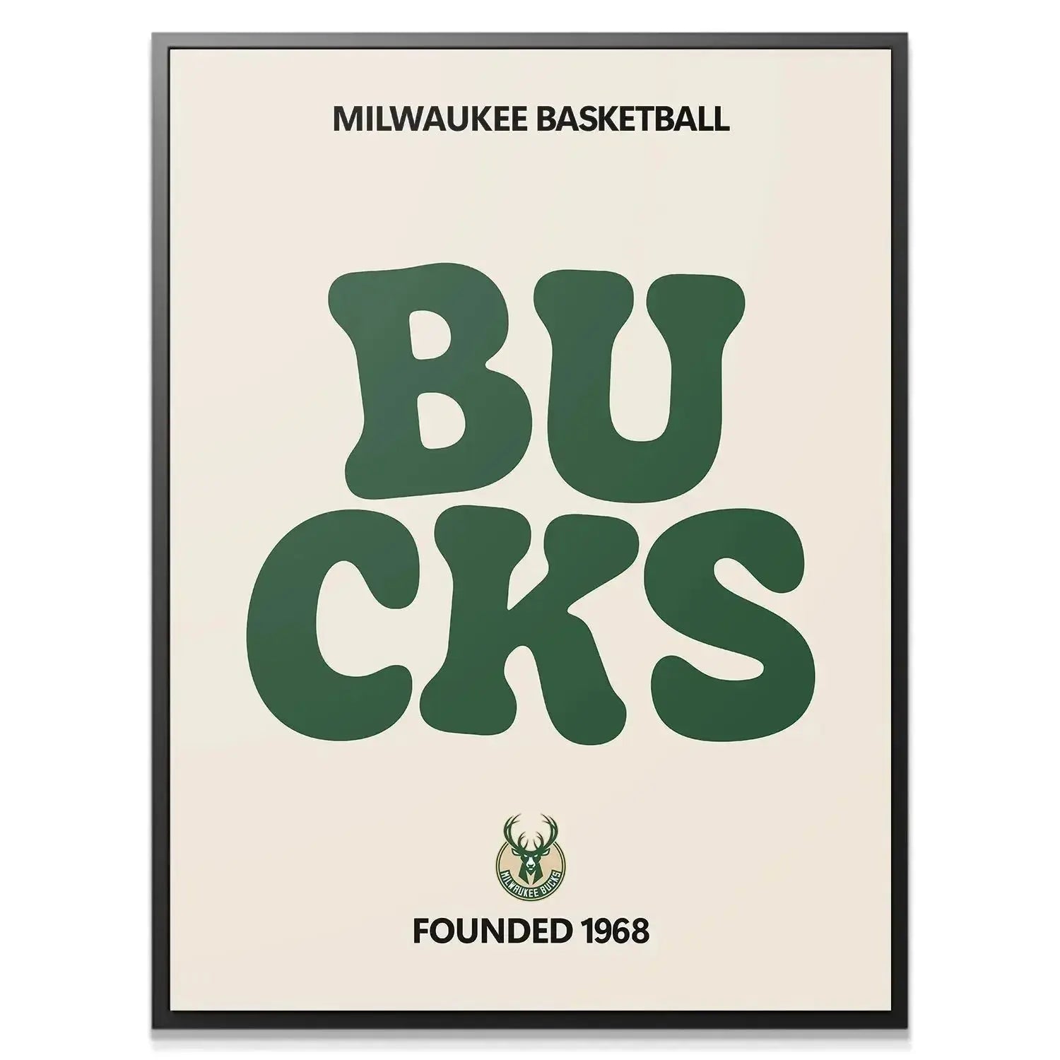 Close-up of the rounded, deep green typography showing the smooth finish of the 'Broken Text - Bucks' print on off-white stock.