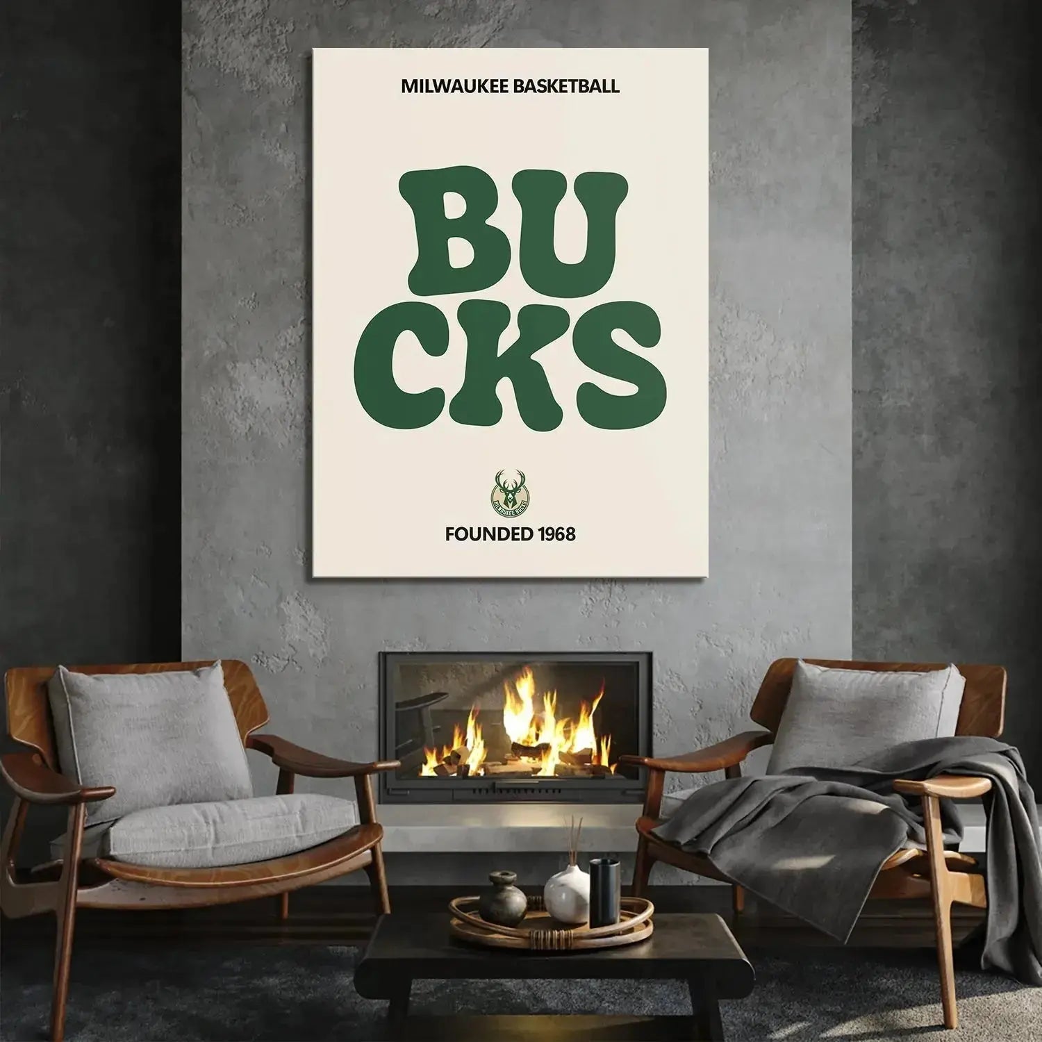 Lifestyle shot of the framed 'Broken Text - Bucks' art hanging in a living room with subtle, vintage-inspired furniture.