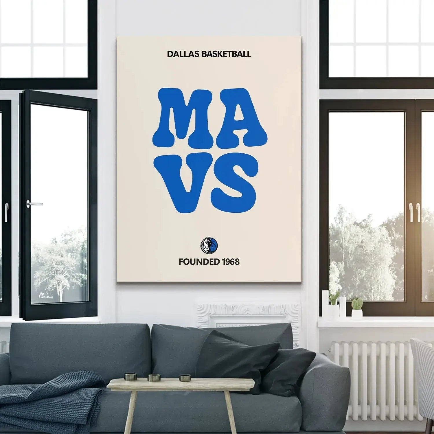 Lifestyle rendering of the Broken Text - Mavericks art hanging framed above a mid-century modern desk setup in a home office.