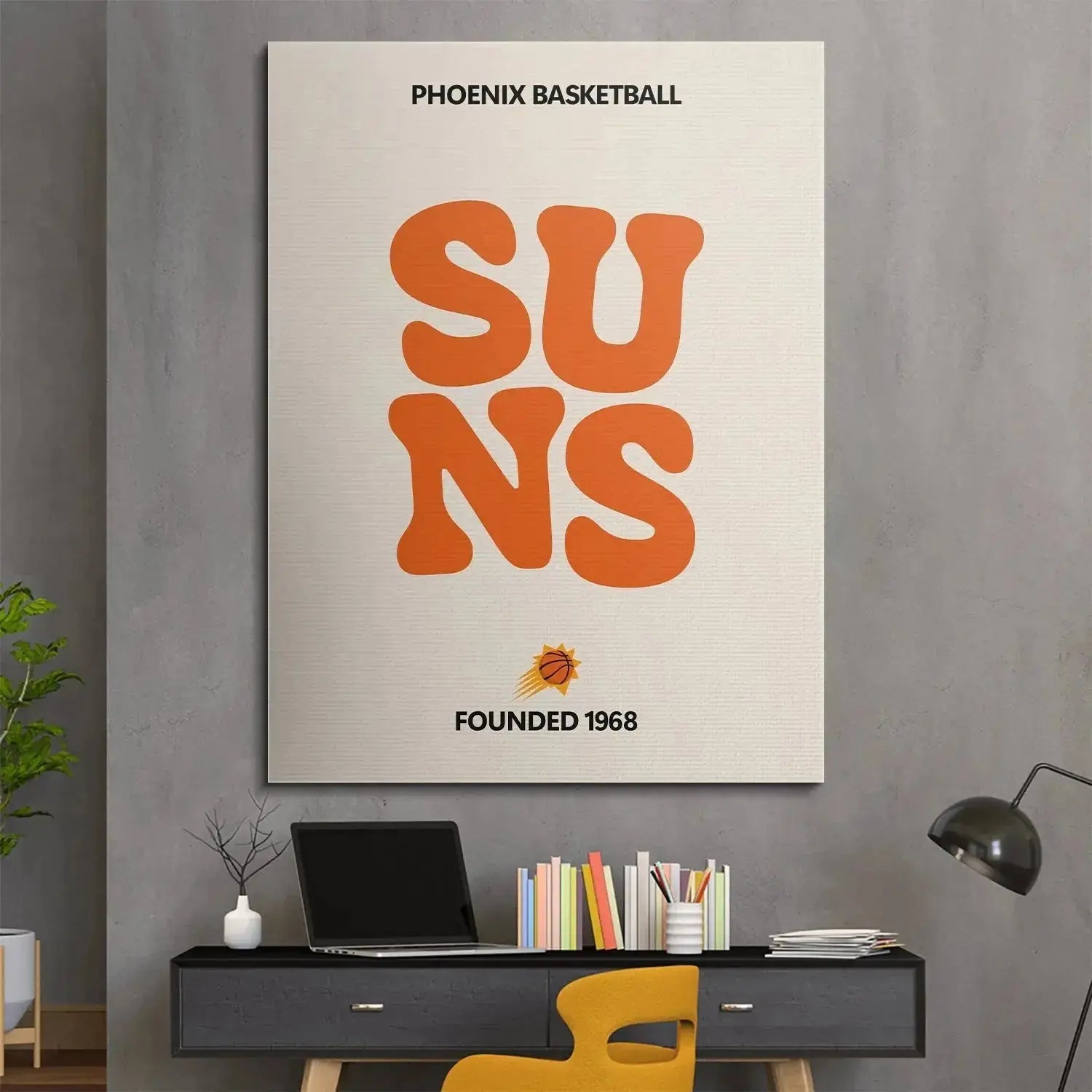 Lifestyle shot showing the framed 'Broken Text - Suns' art print above a mid-century modern credenza.