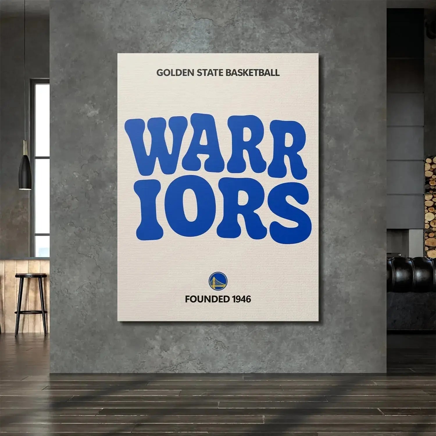 Lifestyle mock-up of the framed 'Broken Text - Warriors' poster displayed in a modern interior setting.