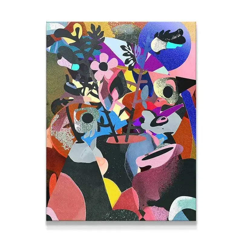 Full vertical view of the highly colorful abstract 'Broken Vase' painting on canvas.