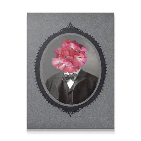 Close-up of the bright pink floral head collage in the Bromance artwork.