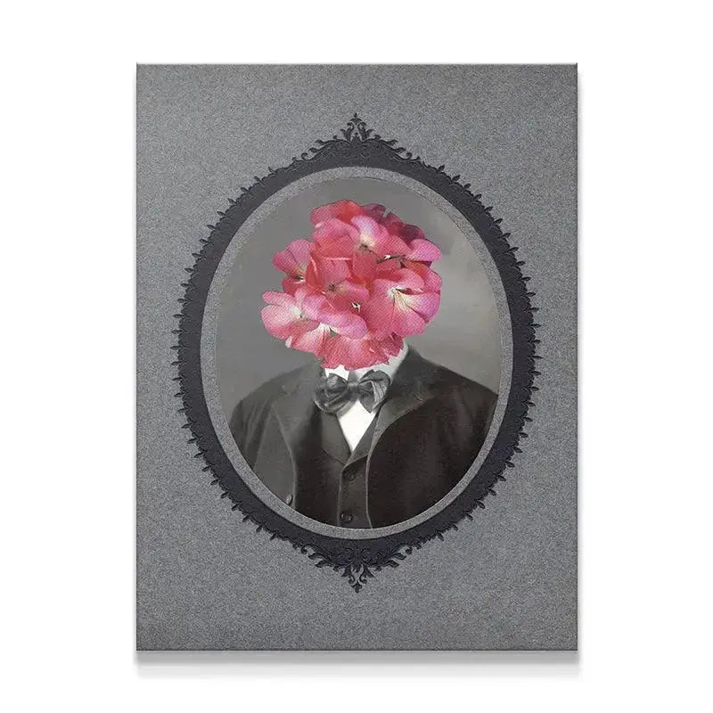 Close-up of the bright pink floral head collage in the Bromance artwork.
