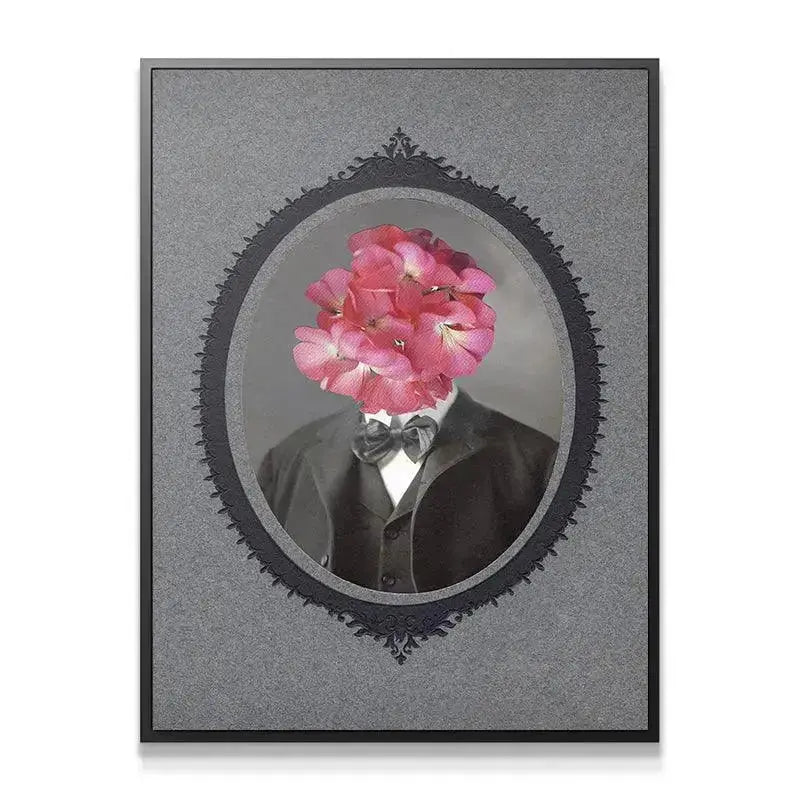 Surreal vintage portrait 'Bromance' showing the dark, textured suit jacket and bowtie.