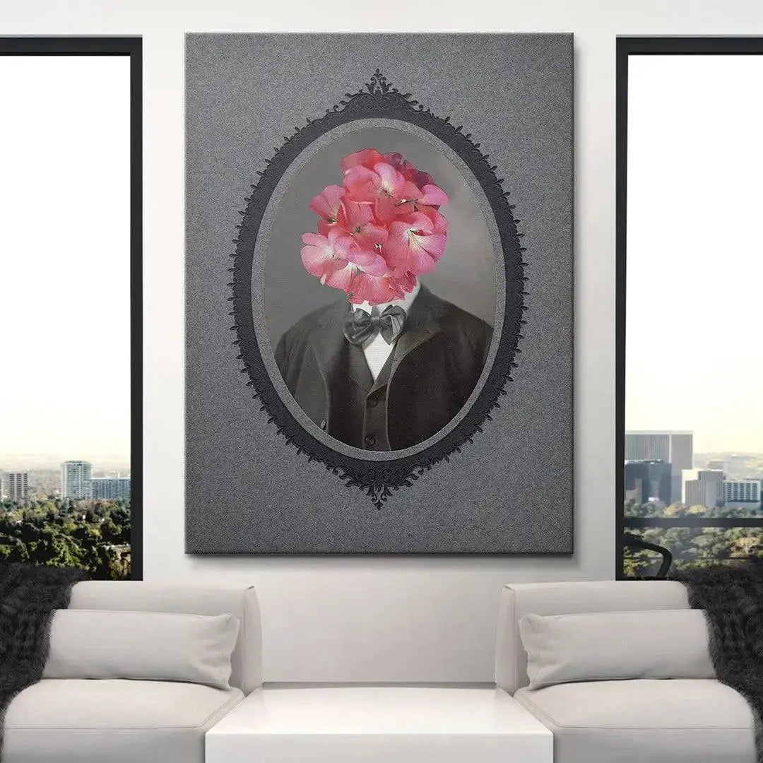 Detailed look at the ornate dark oval cameo border surrounding the 'Bromance' figure.