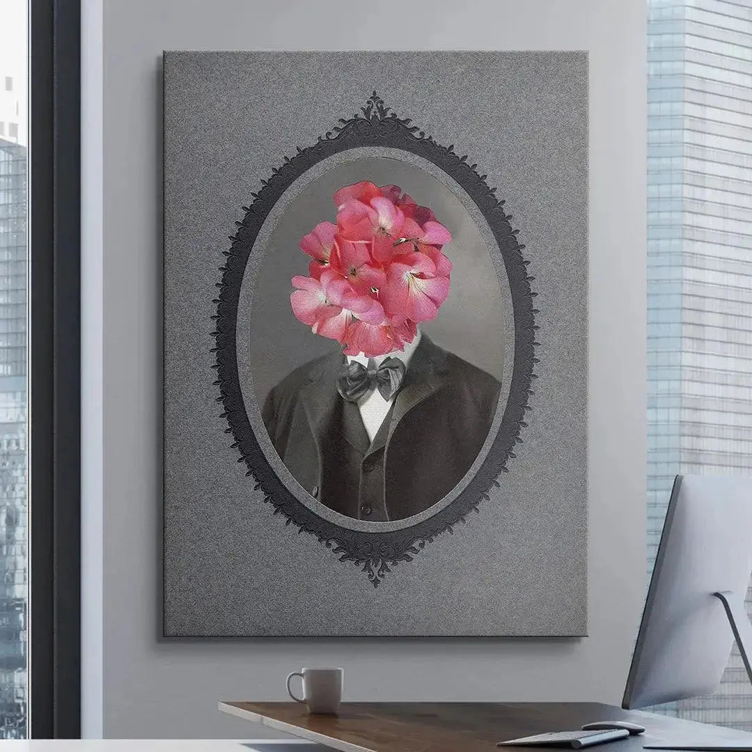 Anthropomorphic flower head print, titled Bromance, highlighting the contrast between pink and grey.