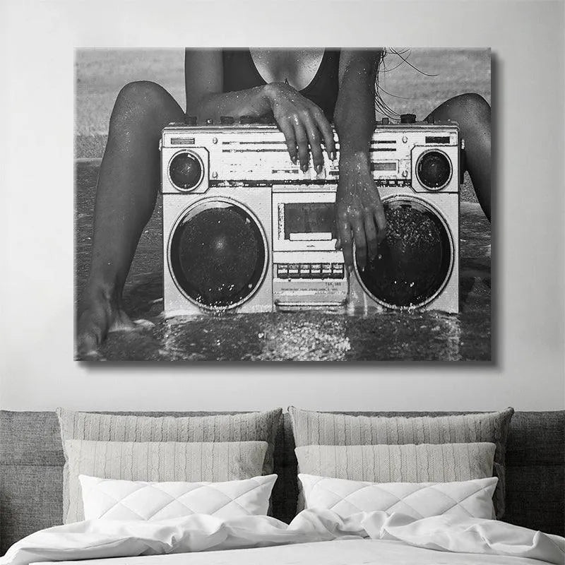 Detail shot of the large speaker grilles of the vintage Brooklyn Boombox submerged in ocean water.