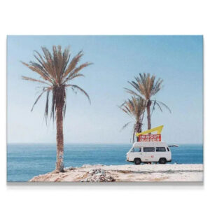 Burger Truck Wall Art Side view of the vintage white Burger Truck parked on a dusty cliff edge overlooking the sea.