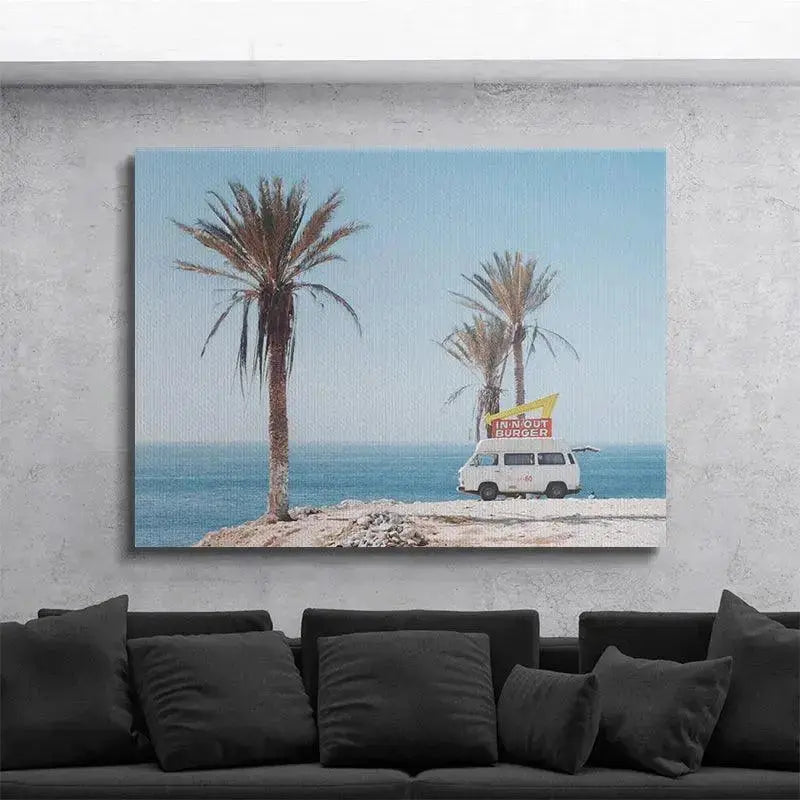 Low saturation, retro aesthetic print of the California Burger Truck bathed in strong coastal sunlight.
