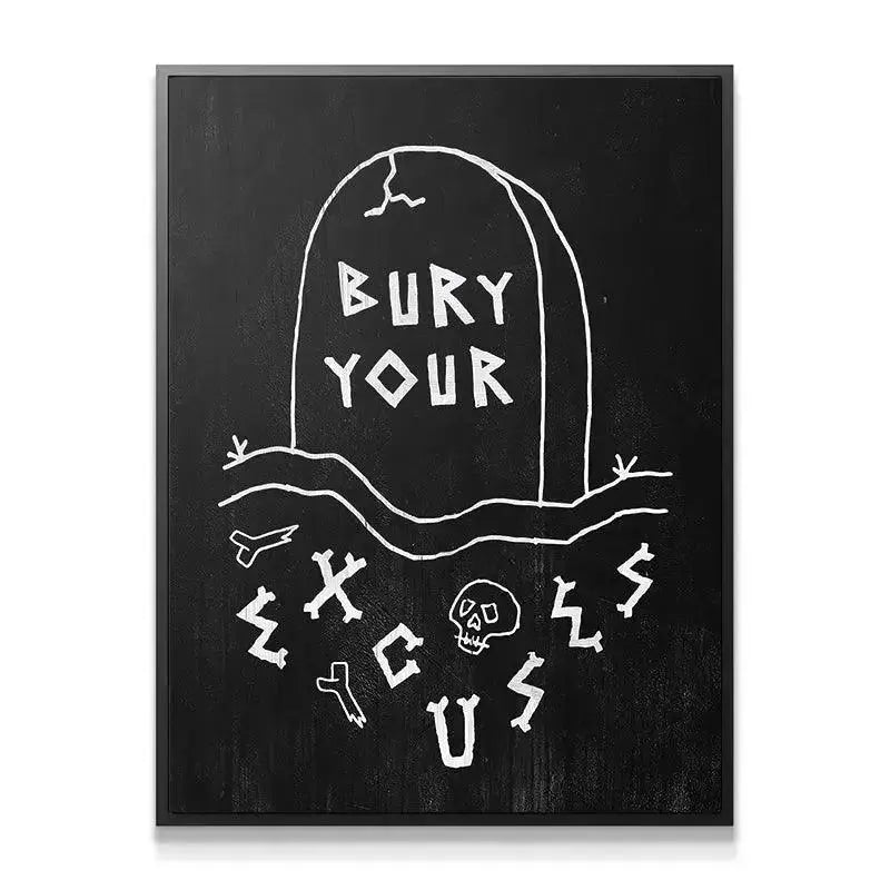 Close-up shot showing the cracked texture of the tombstone detail in the 'Bury Your Excuses' drawing.