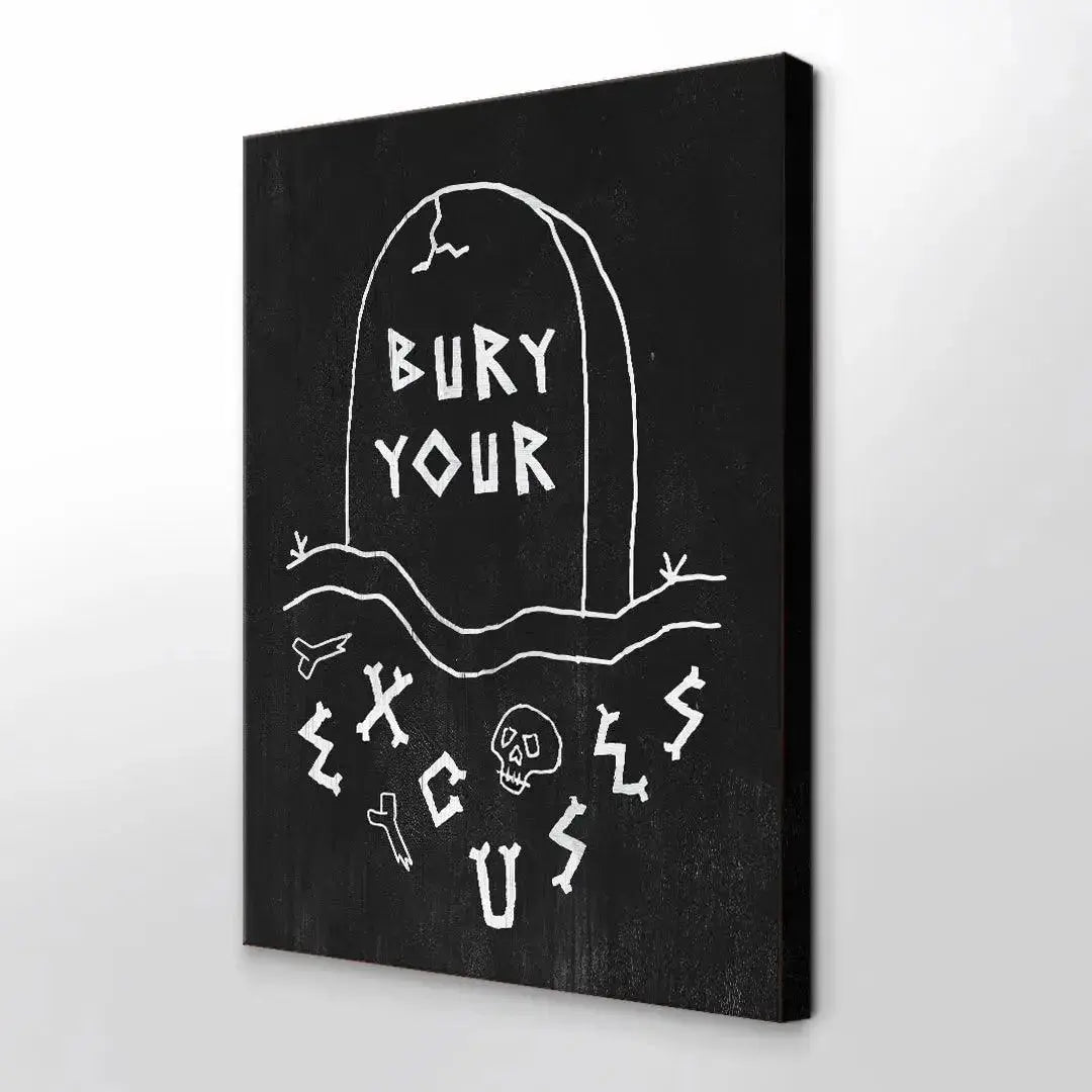 Monochrome print viewed from a slight distance showing the overall high-contrast effect of 'Bury Your Excuses'.