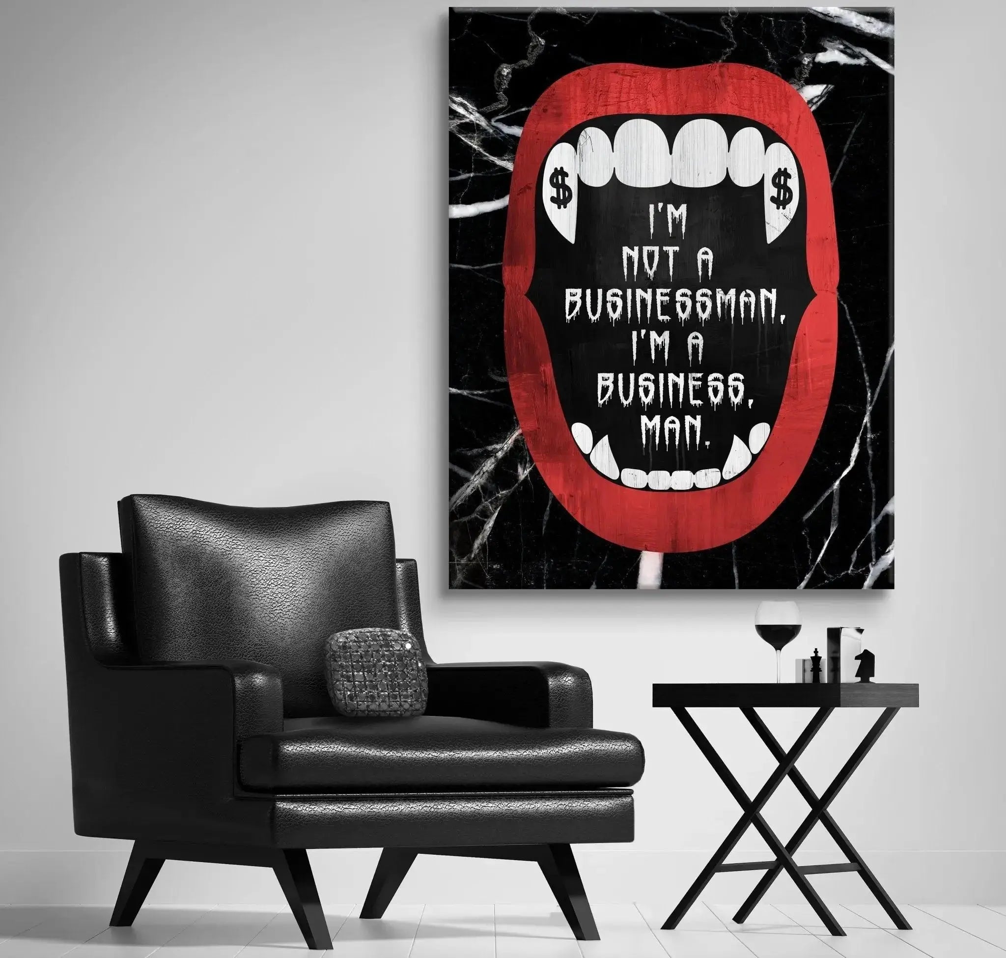 Side angle perspective of the contemporary canvas highlighting the vibrant red mouth and the ambitious Businessman quote.