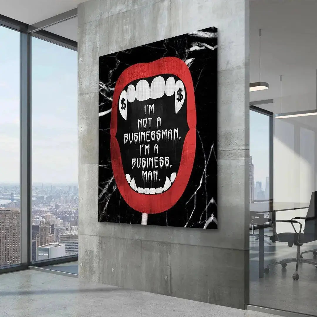 Detail of the dollar sign ($) icons placed on the canine teeth, symbolizing the wealth focus of the successful Businessman.