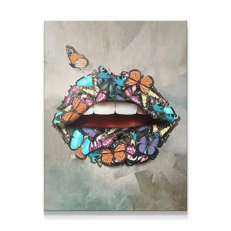 Close-up view of the detailed multicolored wings forming the Butterfly Lips art print.