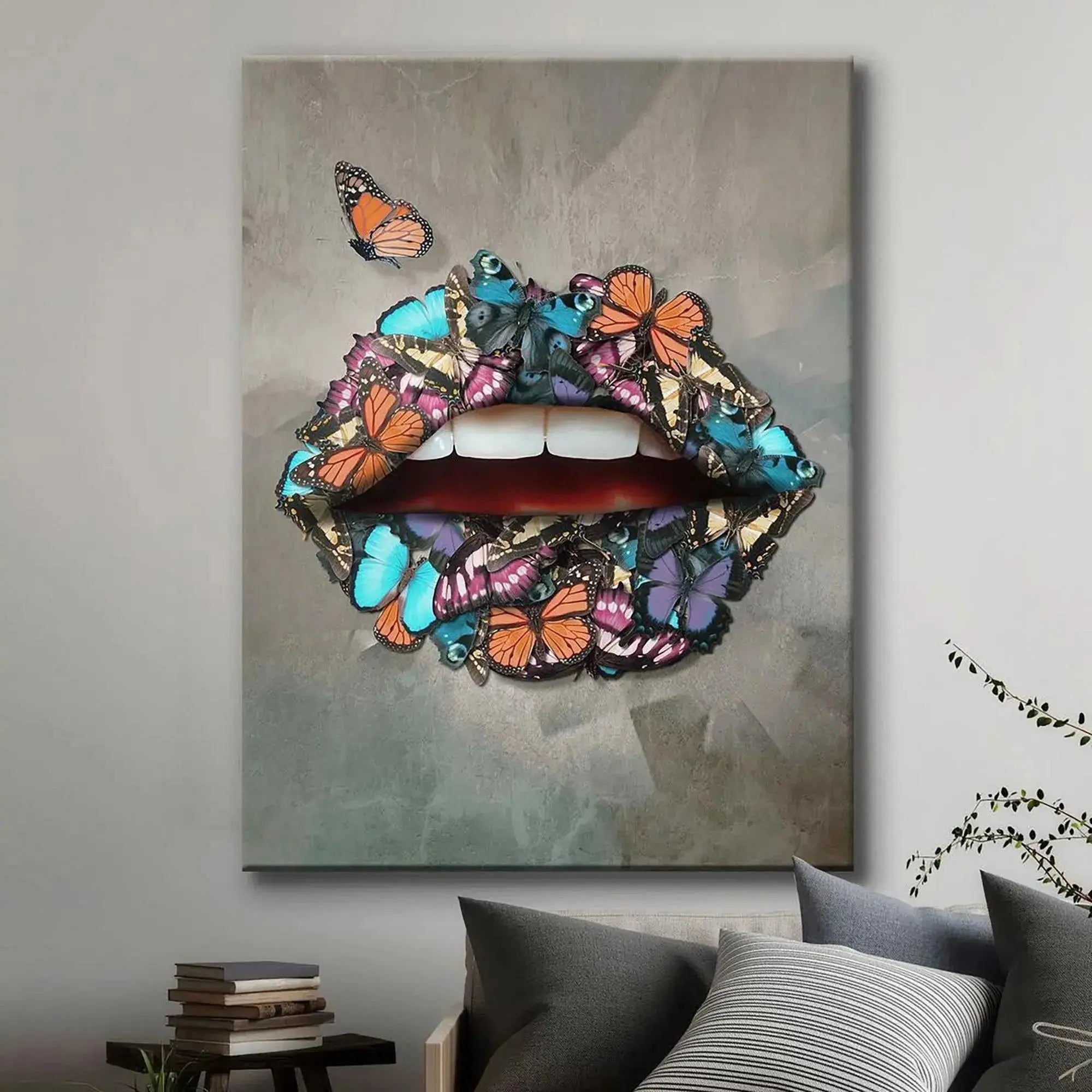Artistic angle of the open mouth and bright white teeth within the Butterfly Lips print.