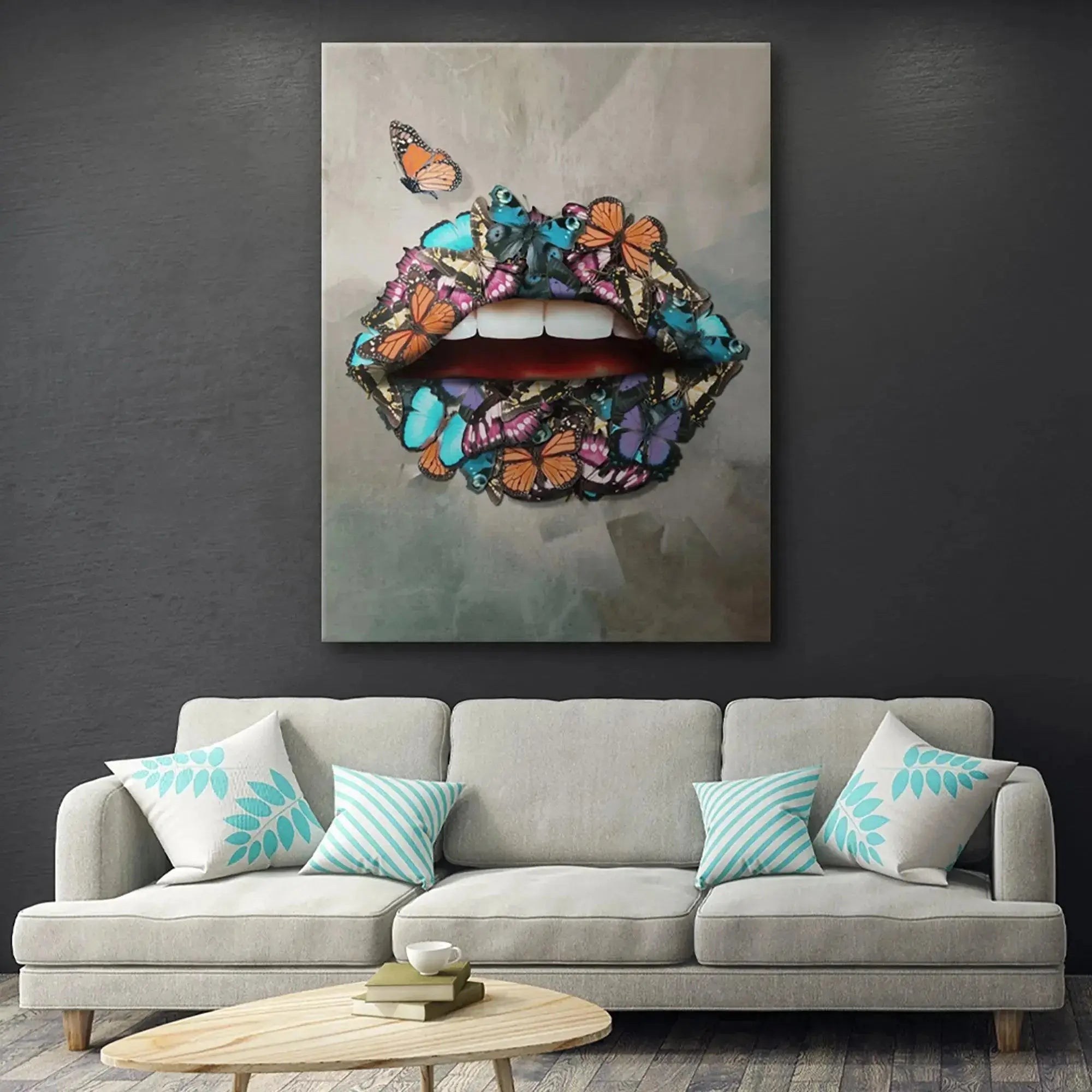 Lifestyle shot of the large format Butterfly Lips canvas hanging in a contemporary living room.