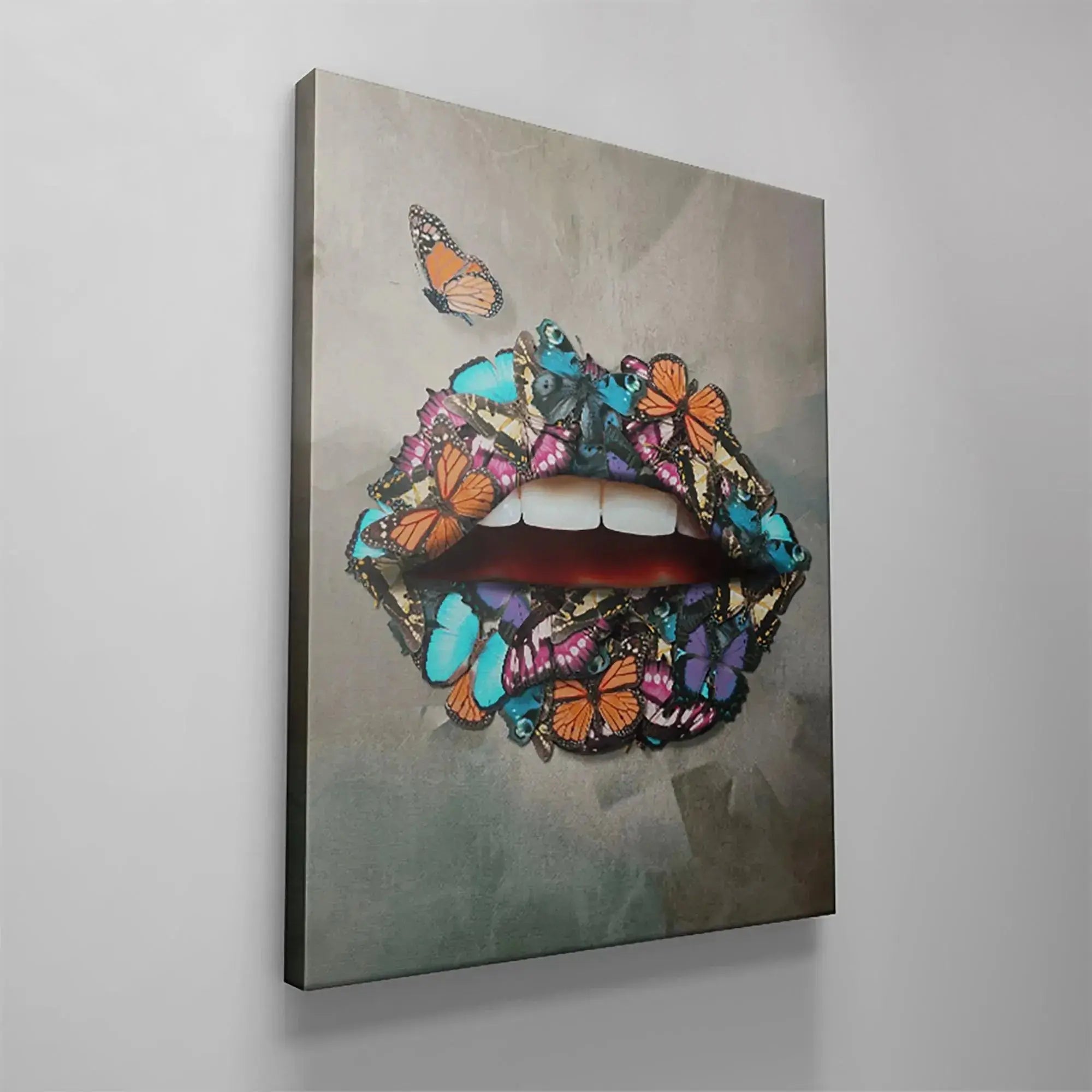 Focus on the bright orange and turquoise blue butterflies clustered on the upper lip of the Butterfly Lips artwork.