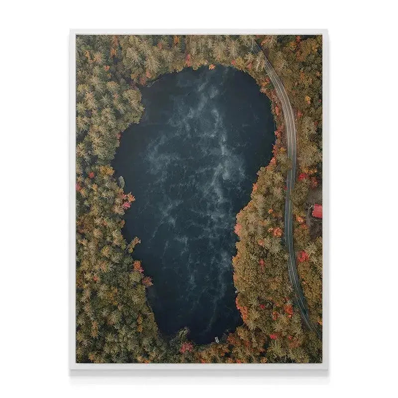 Vertical angle of the winding forest road adjacent to the lake in 'Cabin Side Views'.